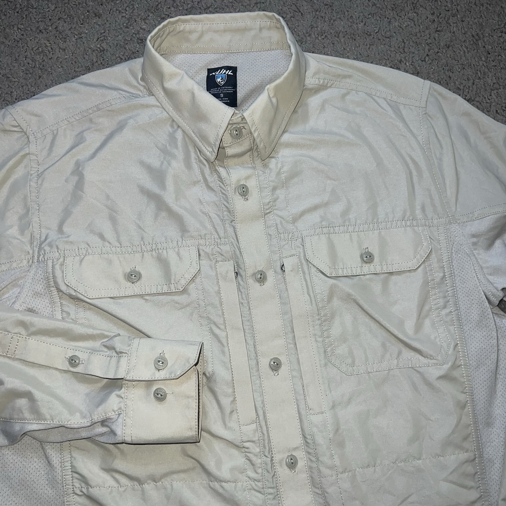 KUHL Airspeed Adventure Shirt Men Small Ivory Chest Pocket Button Down Vented